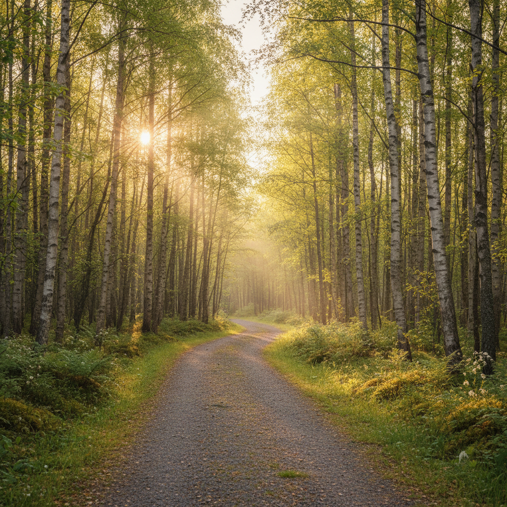 Winding path through sunlit Nordic birch forest