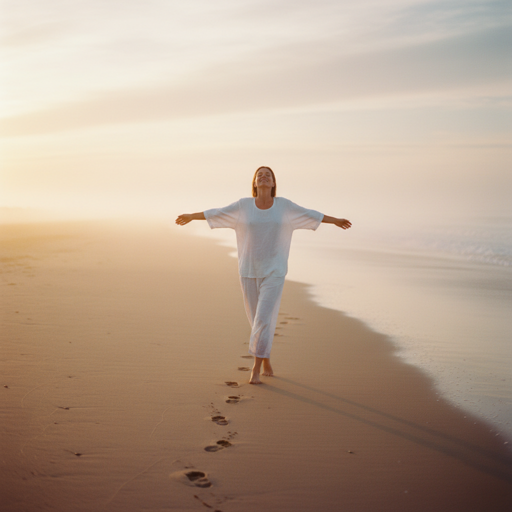 Woman walking on misty beach at sunrise