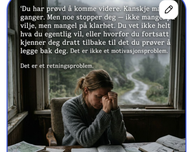 Kvinne ved vindu med tekst om retningsproblem