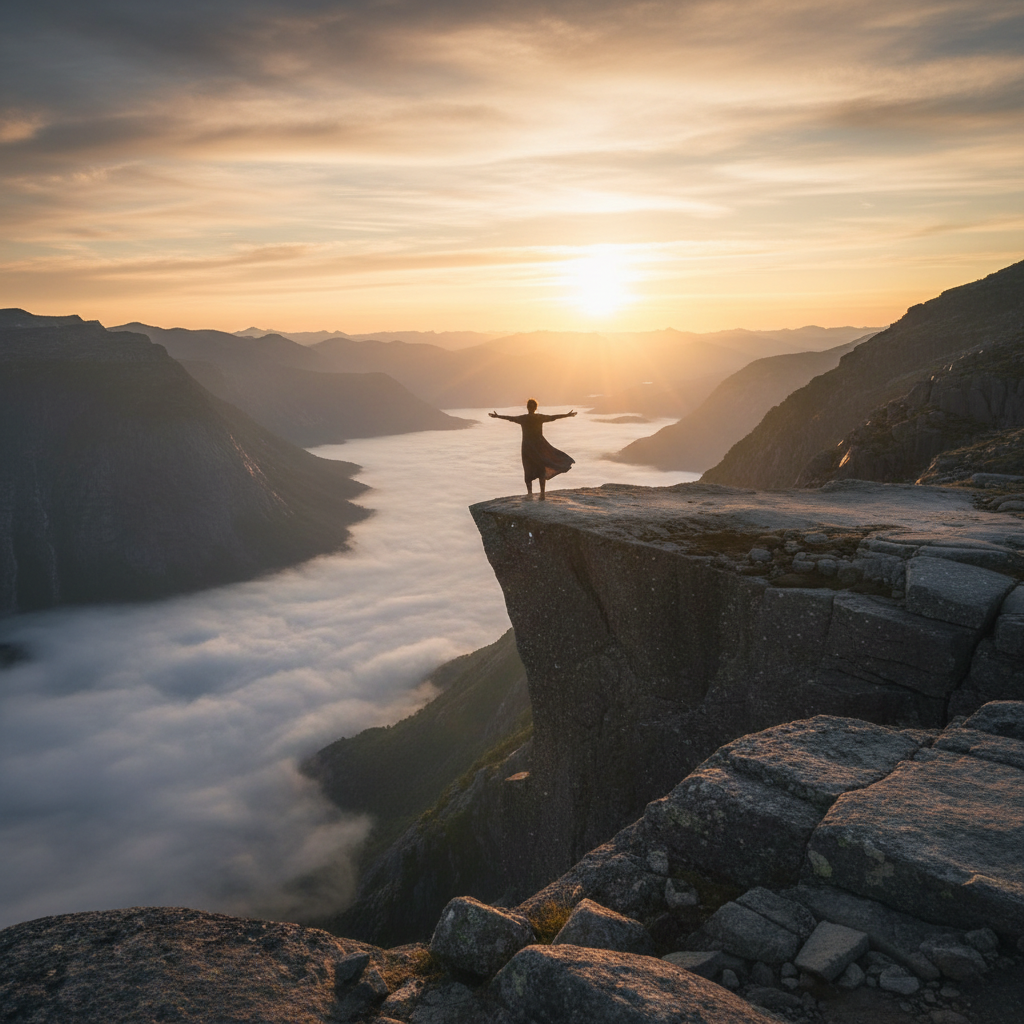 Figure overlooking misty valley at golden hour